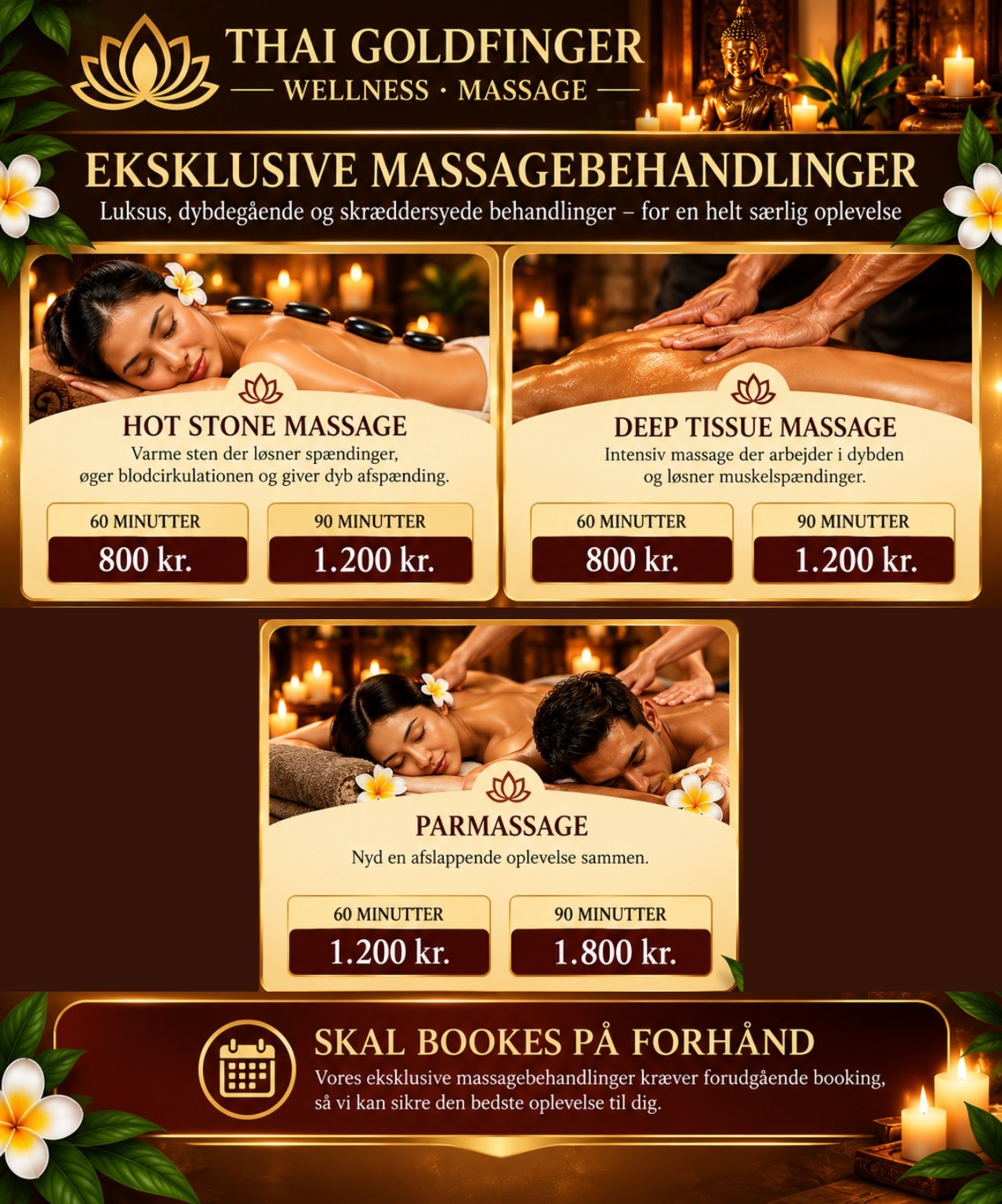 Eksklusive massagebehandlinger: Hot Stone, Deep Tissue og parmassage – skal bookes på forhånd